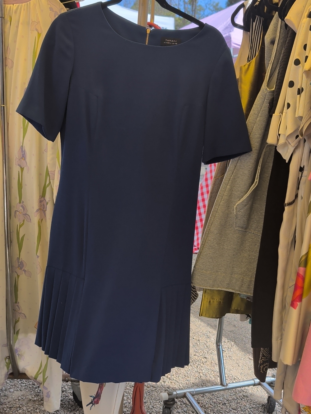 Tahari Navy Short-Sleeve Pleated-Hem Dress